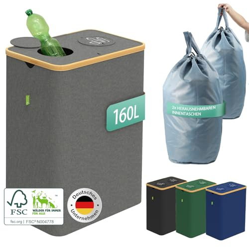 Glücksklee Pfandflaschen Sammelbehälter 160L mit zwei Fächern und FSC-zertifiziertem Bambus (Grau)