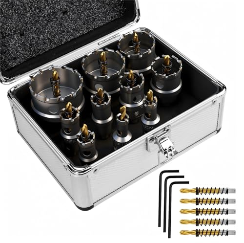 Set 10 Pezzi Sega a Tazza TCT 14-60 mm, Fresa a Tazza in Carburo di Tungsteno a 3 Taglienti per Acciaio Inox, Ferro, Alluminio e Leghe, Kit Professionale con Punte Pilota, Chiavi Esagonali e Valigetta