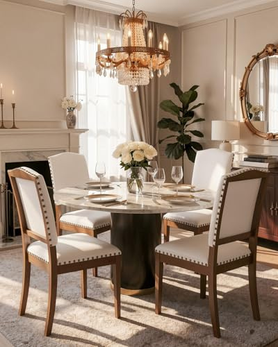 Wooden Dining Chairs Set of 4, Upholstered Leather Copper-Nailed Kitchen Chairs, High Backrest, Solid Wooden Legs, Soft Cushion, Max. Load 130 kg, Dining Room, Living Room (White, Set of 4)