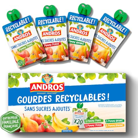 ANDROS - Compote de Fruit - Gourde Recyclable - Sans Sucre Ajouté - Goût Pomme + Poire + Fraise + Banane - Idéal pour l'Enfants - Lot de 20