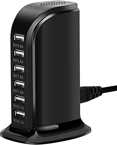 Estación de Carga USB, 30W 6 Puertos Torre portátil para casa para Cargar teléfonos móviles, tabletas, Cargador de Enchufe USB múltiple (Negro)