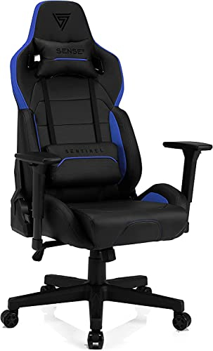 SENSE7 Gaming Sentinel Bürostuhl Zocker Gamer Ergonomischer Stuhl Armlehne Einteiliger Stahlrahmen Einstellbarer Neigungswinkel Schwarz-Blau, Leder, 40-48 x 72x59, 5902659841322