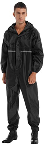 Freebily Mens Waterproof Overalls Workwear Reflective Strip Hooded Coverall Overall Motorcycle Rain Suit Over Suit Black XL