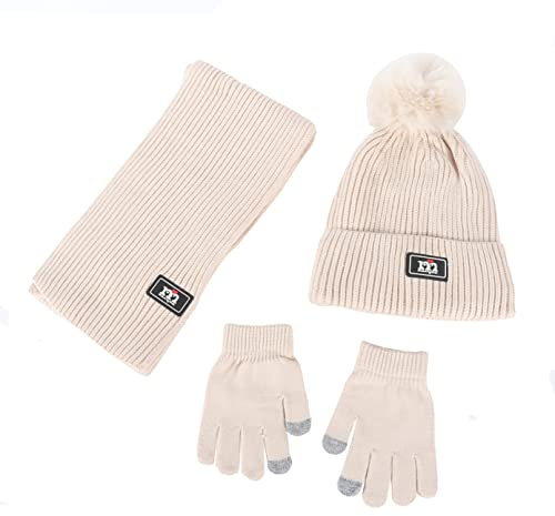NautySaurs Conjunto de bufanda y guantes de invierno de punto térmico de ganchillo para niños y niñas, gorro forrado de forro polar para niños de 2 a 8 años, beige, Talla única