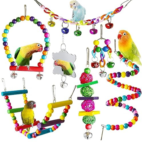 Jortmrd 7 Stück Vogelspielzeug Vogelkäfig Spielzeug Papageienspielzeug Vogel Spielzeug Wellensittiche Kauspielzeug Bunte Glocke Holzleiter Vogelschaukel Sitzplatz für Sittiche Nymphensittich