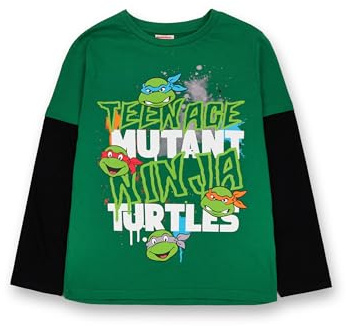 Teenage Mutant Ninja Turtles Jungen Skater T-Shirt | Grünes und schwarzes TMNT-T-Shirt für Kinder | Bequemes Langarmshirt mit kurzärmeligem Oberteil im Overlay-Stil | Kinderfilm Merchandise Geschenk