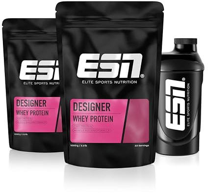ESN Designer Whey Proteinpulver + Gratis Shaker, Geschmacksneutral, 2 x 1 kg, bis zu 23 g Protein pro Portion, ideal zum Muskelaufbau und -erhalt - made in Germany