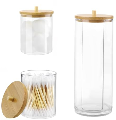 Skibetfo 3Pcs Cotton Pad Holder with Bamboo Lids - Dispenser & Storage Jars for Bathroom, Makeup Accessories & Hair Ties