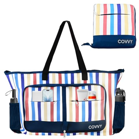 Bolso de playa COVVY, extra grande para mujer, con cierre de cremallera, impermeable, con funda para teléfono, abrebotellas, múltiples bolsillos, resistente al agua, a prueba de arena, plegable