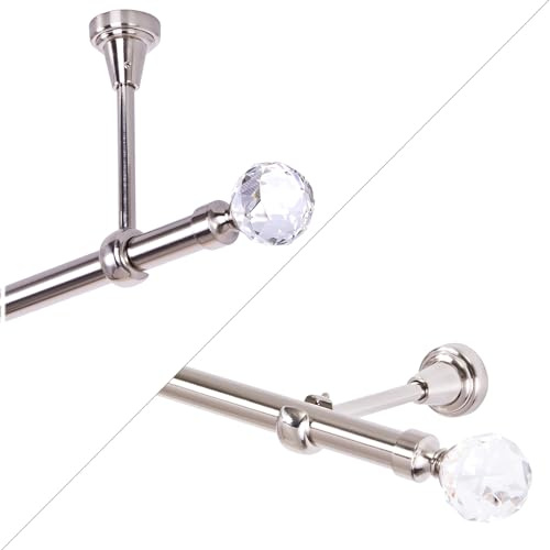 Asta per tende 180 cm, 1 binario, effetto acciaio inox, 19 mm, con sfera di cristallo, per montaggio a parete o a soffitto