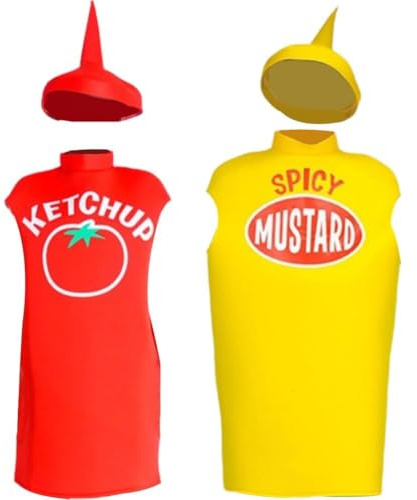 Tsffae 2 Set Halloween Par Kostymer Ketchup Och Senap Cosplay Kostym Med Hatt Halloween Klä Upp Roliga Roliga Mat Kostymer För Män Vuxna Kvinnor