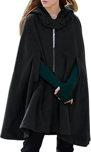 Suncadmious Mélange de Laine pour Femmes à Capuche Poncho Cape Bouton Ouvert Devant Automne Hiver Manteau à Pois Chaud Manteau élégant Chic Maxi Cape Manteau (Noir,L)