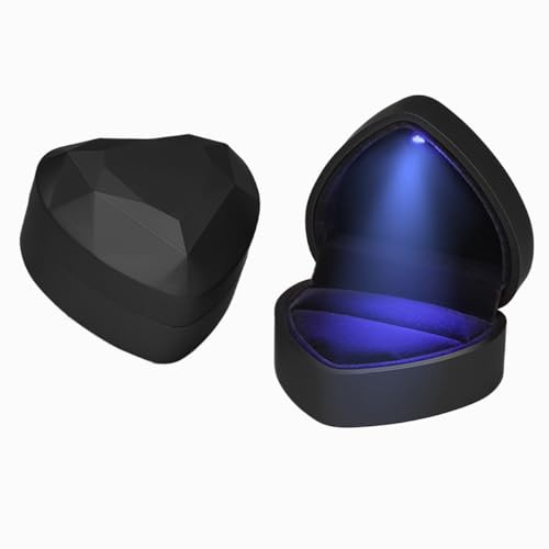 LED Ring Box Heart Shaped Velvet Jewelry Presentation Case for Engagement/Wedding Rings Sparkling Light Gift for Brides, Proposal, Anniversary (Black)