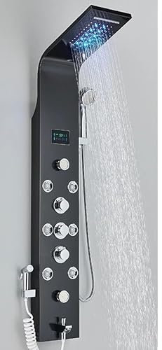 Set di Doccia per Doccia per la Doccia per Bagno Nichel Nero Pannello Doccia a LED Sei funzioni Colonna Doccia a Cascata piovana Doccia getti Spa getti Doccia con battiti da Bagno Bidet tocchi Neri