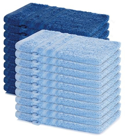 Lavea® Lot de 20 Gants de Toilette 15x21 cm en Éponge 100% Coton – Doux et Absorbants – Maison, Hôtel, Spa, Invités, Bébé – Serviette Visage/Essuie-Main – Bleu Dauphin et Bleu Royal
