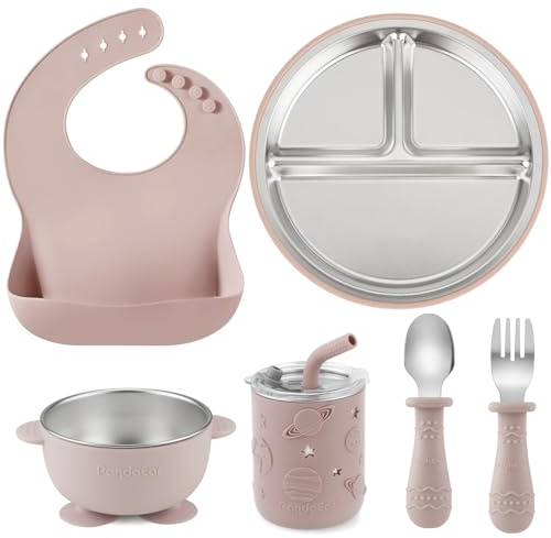 PandaEar Edelstahl Baby Geschirrset mit Silikonhülle – Teller, Schüssel, Becher mit Löffeln & Gabeln – BPA-freies Fütterungsset für Kleinkinder