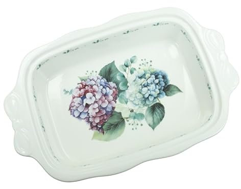 Pirofila da Forno in Ceramica Flora Brandani 51246 Grande Verde Rosa Casseruole da Forno Rettangolare 24,5x19,5cm Ortensia Floreale