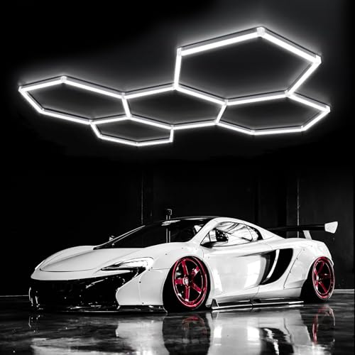 GAORUTO Plafonnier LED Hexagonal pour Garage, Grilles 192W 6500K Nid D'abeilles Connectables pour Entrepôt, Atelier, Salle de Sport, Sous-Sol, Entretien Automobile, Buanderie 5 HEX