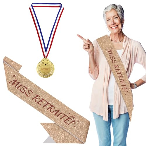 BORISCA Cadeau Retraite Femme, 1 Pcs Echarpe Retraite Femme et 1 Pcs Médaille de la Retraite, Accessoires Départ en Retraite pour Les Femmes Retraitées