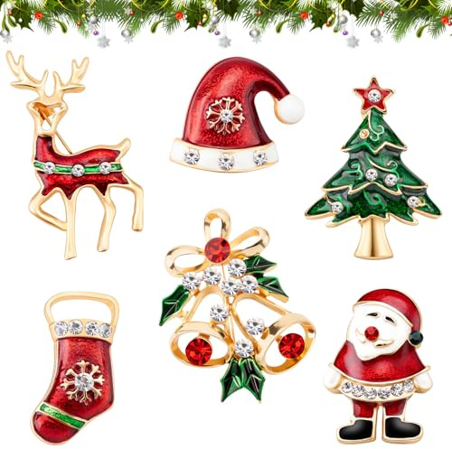 MELLIEX 6 Pezzi Mini Spilla di Natale Pin di Neve Set con Decorazioni Natalizie in Cristallo di Strass