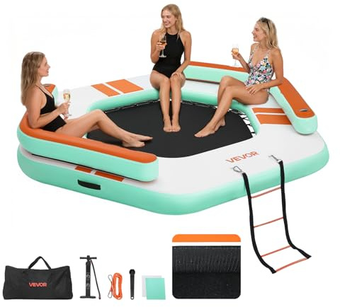 VEVOR Colchoneta para Piscina 2,6 x 2,6 m, Flotador Inflable Gigante en Forma de Hexágono, con Centro de Malla Escalera Desmontable Bomba Manual, Hamaca Inflable Isla de Agua para Piscina Playa Lago