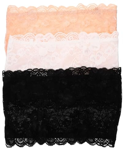LUOEM Bandeau Tube Top Floral Lace Strapless Bandeau Tube Top 3pcs Black, white, skin color Size XL