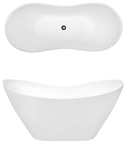 ECOLAM® exklusive freistehende Badewanne Standbadewanne moderne Wanne freistehend Viya + Ablaufgarnitur Click Clack Design Mineralguss 160x70 cm glamour Luxus weiß