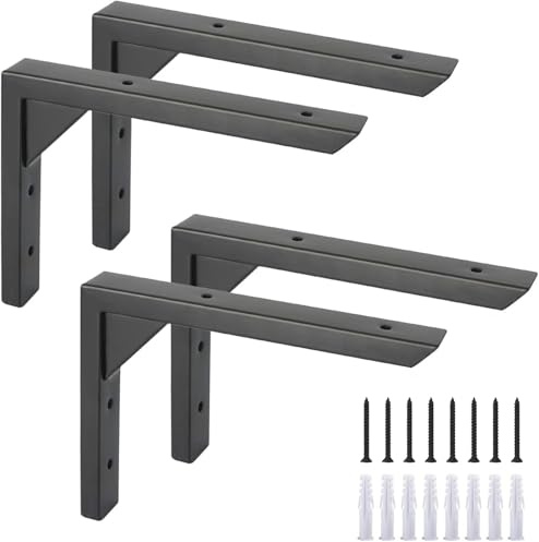 Ouvin Heavy Duty Shelf Brackets 8 inch 4 Pack Wall Mount Black Iron Brackets for Shelves Triangle Sturdy Supports with Screws for Kitchen Bookshelf (Black)