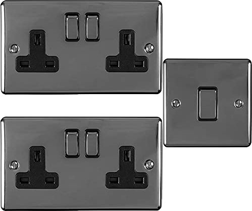 BLACK NICKEL Bedroom Socket & Switch Set - 1x Single Light Switch & 2x Double 13A Switched UK Power Sockets - Decorative Metal Modern Rounded Edge Wall Face Plate Set