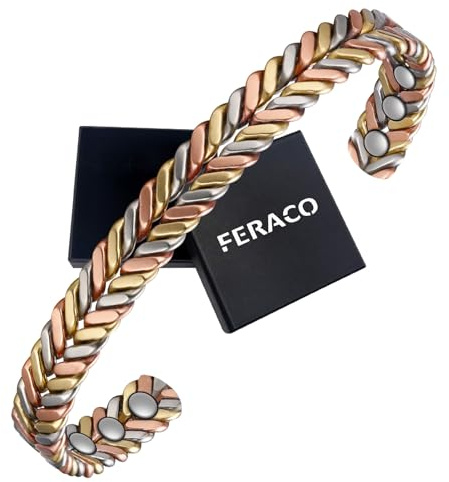 Feraco Pure Copper Bracelet for Women, Ultra Strength Magnetic Cuff Bangle with Neodymium Magnets, 99.99% Copper Jewelry Gift, Tricolor Braided