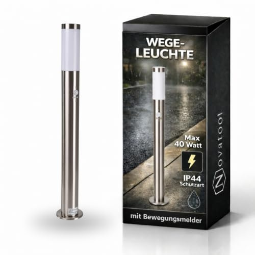 Novatool Gartenlampe I 80 cm I mit Bewegungsmelder I Edelstahl I IP44 I E27 Sockel I Gartenleuchte Stehlampe Säulenlampe außen Außenlampe Aussenleuchten Sockelleuchte Pollerleuchte Wegeleuchte