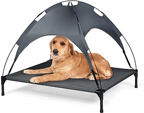GYMAX Lit de Camp pour Chien, Transat de Jardin pour Chien avec Auvent 105x87x89CM, Charge 40KG-50KG, Convient au Extérieur, Camping, Plage, Jardin, Terrasse, Balcon(XL)