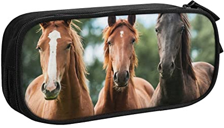 FLYIFE Grande trousse à crayons avec 2 compartiments - Motif chevaux - Pour filles, garçons, étudiants, école, bureau, université, Noir , Taille unique, Cartable