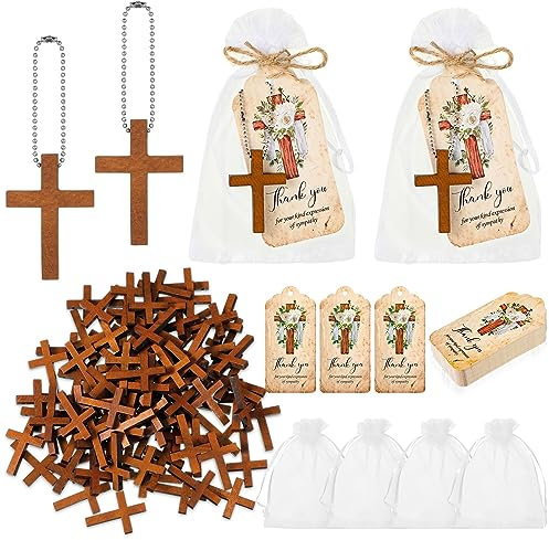 Tradder 100 Set Funeral Favor for a Memorial Service with 100 Wooden Cross Keychain Funeral Thank You Card Organza Bag Guest Sympathy Gift for Remembrance Bereavement Celebration of Life(Cross)