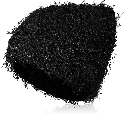 Chuarry Distressed Knitted Beanie Fuzzy Winter Hats Thick Warm Y2k Beanie Snow Knit Cap Skull for Women Men(Black,Regular Style)