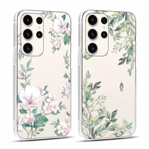 Yoedge Mobiltelefonskal, 2 st., för Samsung Galaxy S23 Ultra 5G på 6,8 tum, snyggt 3D-blommotiv, transparent, snyggt skyddsskal, present för flickor och kvinnor