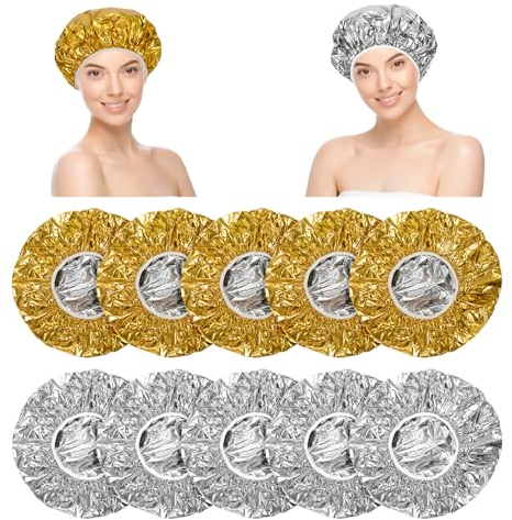 Aluminiumfolie Duschhaube Aluminiumfolie Wärmekappe Duschhauben Wiederverwendbar Tiefenkonditionierung Wärmekappe für Zuhause Salon 10 Stück (Golden&Silber)