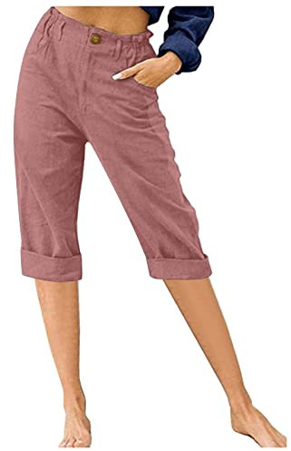 Caprihose für Damen, Loungehose, Sommer, lockeres weites Bein, Baumwoll-Leinenhose, hohe Taille, gerades Bein, kurze Hose mit Taschen, lässige Trainingshose, #1 Wein, M