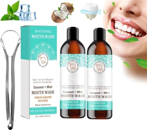 Coconut Mint Mouthwash,Coconut Mouthwash,Whitening Mouth Wash,Mint Oil Pulling Mouthwash with Tongue Scraper,Coconut Pulling Oil for Deeply Cleaning Gums,Teeth Fresh Breath (2 Pcs)