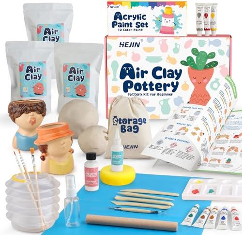 HEJIN Air Dry Clay Kit for Adults, Pottery Craft Kit for Beginners, Sculpting Tools Set & Step-by-Step Guide, 12 Paints, Paintbrush, Varnish, Sponge - Crafts for Adults for Birthdays Gift
