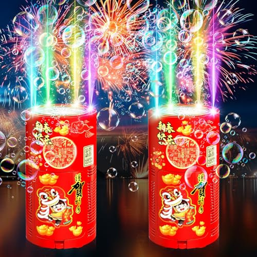 Feuerwerk Seifenblasenmaschine, 2-Packung 13-Loch-Design Automatischer Feuerwerk Seifenblasenhersteller mit Lichtern und abschaltbarem Sound für Kindergeburtstag Hochzeit Party Garten Karneval