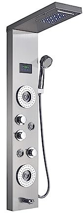Duschpanel, Nylyxigt svart/borstat badrum duschkran， LED duschpanel ， Kolumn badkarsblandare med handdusch temperaturskärm(Black D)