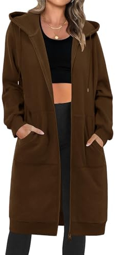 Tuopuda Sweat à Capuche Femme Grand Sweatshirt à Capuche Zippée en Polaire Veste Longue pour Femme Pullover Manches Longues pour Femmes Casual Lâche Sweatshirt Automne Hiver(Café,XXL)
