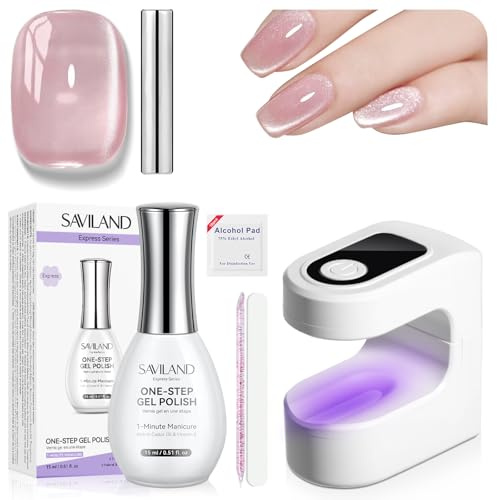 SAVILAND Express One Step Gel Nagellack Set: Lilac Haze Cat Eye Gel Nagellack 5-In-1 Cateye Gelnagellack mit U V LED Nagellampe Magnetstift für Nageldesign zu Hause 15 ml