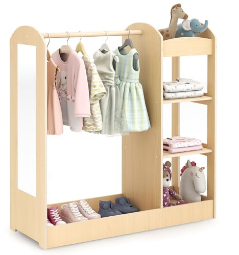 Kids Dress up Storage with Mirror, Clothes Rack, 3-Tier Shelves, Bottom Tray, Pretend Play Costume Dresser Organizer Center, Open Hanging Armoire Closet for Little Girls (Natural)