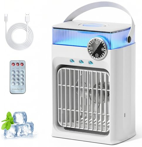 YFFU Mobile Klimaanlage mit Fernbedienung, 1200 ml USB Luftkühler, RGB 8 Lichtfarben mit Timer, 3 Gebläsestufen 3 Sprühmodi, Mini Klimaanlage Luftkühler für Zuhause,Wolkenweiß