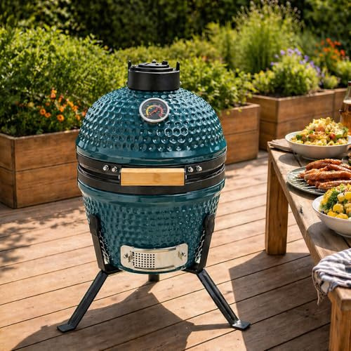 Neo Kamado 13 Ceramic Mini BBQ Grill Smoker Egg Charcoal Cooking Oven with Portable Stand (Teal Blue)