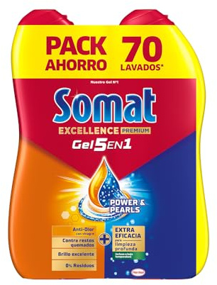 Somat Excellence Duo Gel Frescor Anti-Olor (2x70 lavados), detergente lavavajillas Todo en 1, gel para vajilla apto para ciclos eco y cortos, gel lavavajillas con vinagre (El empaque puede variar)