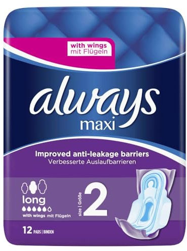Always Maxi Long Sanitary Towels with Wings, Size 2, 12 Pads