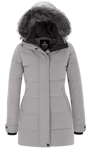 Wantdo Cappotto Donna Invernale Caldo Grande Taglie Giubbotto Imbottito con Cappoccio Impermeabile Antivento Lungo Parka per Esterno Grigio S